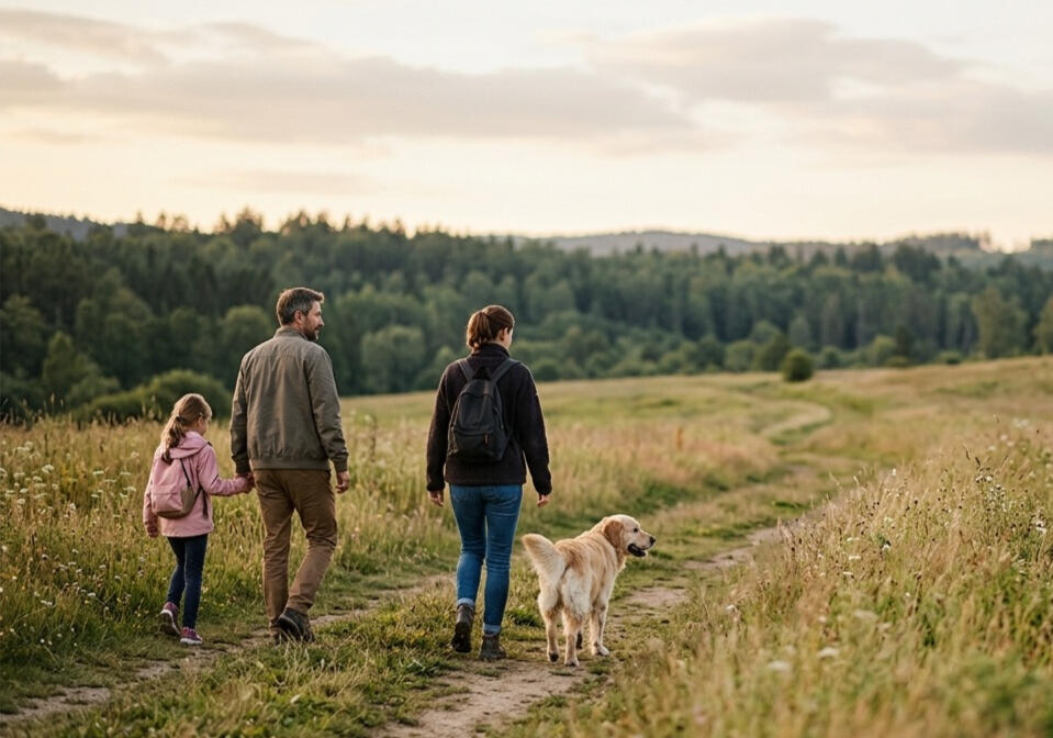 A family walking with a dog through open countryside.